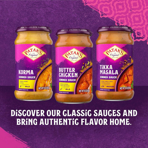 Simmer 15oz (Pack 3) Pataks Butter Chicken Sauce - Reduced Fat & Reduced Sodium - Creamy Curry Sauce with Tomatoes