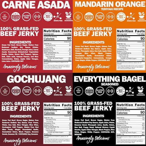 Pack, 2.2oz 4 Pack Field Trip Grass Fed Beef Jerky Variety Healthy Gluten Free Snacks, All Natural, Paleo-Friendly Meat