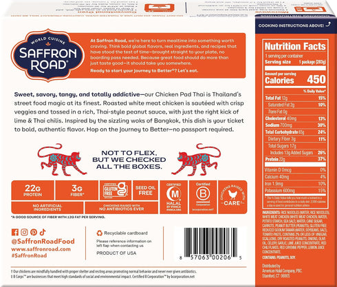 Frozen 10 Saffron Road Chicken Pad Thai High Protein, Seed Oil Free, Chickens Raised with No Antibiotics, No Artificial