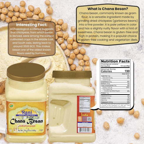 32oz (2lbs) 908g Rani Chana Besan (Chickpeas Flour, Gram) PET Jar ~ All Natural | Vegan | Gluten Friendly | NON-GMO |