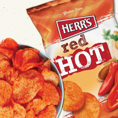 1 (Pack 36 Herr's Red Hot Potato Chips, Ounce of Bags) Crispy and Fiery Potato Chips Perfect for Snack Lovers Who Like