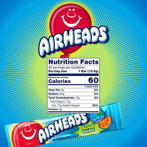 Pack 36 Airheads SOUR Candy Bars, Sour Blue Blast Flavored, Bulk, Concessions, Parties, of Bars