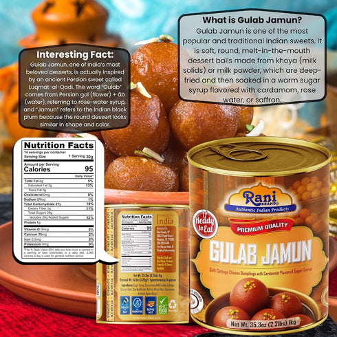35.3oz (2.2lbs) 1kg, Pack 6, 14 Rani Gulab Jamun Round (w/ Cardamom Flavored Sugar Syrup) of Approximately pieces, Easy
