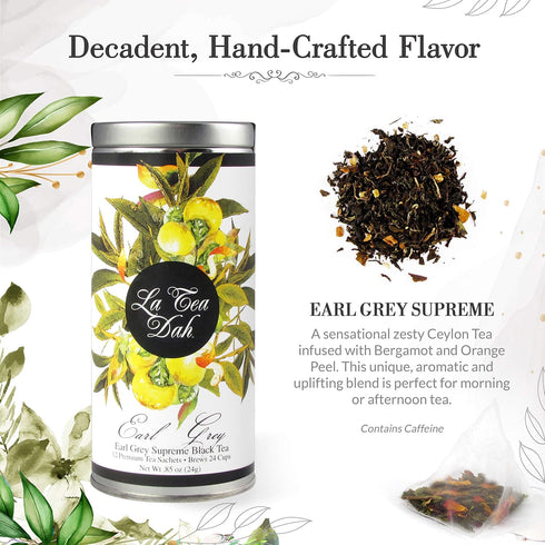Earl Grey Tea by La Tea Dah - Zesty Gourmet Tea with Whole Ceylon Tea Leaves, Bergamot, & Orange Peel (12 Sachets)