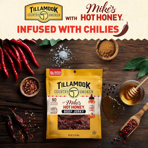Country 2.2 Tillamook Smoker Premium Beef Jerky, Mike's Hot Honey, Ounce, Real Hardwood Smoked Beef, Low Carb, High