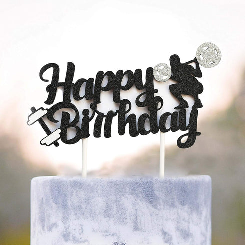 Glitter Gym Theme Birthday Cake Topper, Black Weight Lifting Cupcake Toppers for Fitness Party Decoration