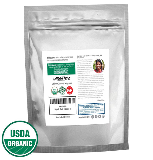 Coconut Country Living Organic Whole Black Peppercorns, Fair Trade Premium Grinder Refill, 8 oz