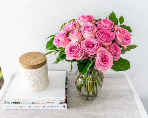 Dozen From You Flowers - One Light Pink Roses with Glass Vase | Fresh Flower Bouquets for Mother's Day, Birthday