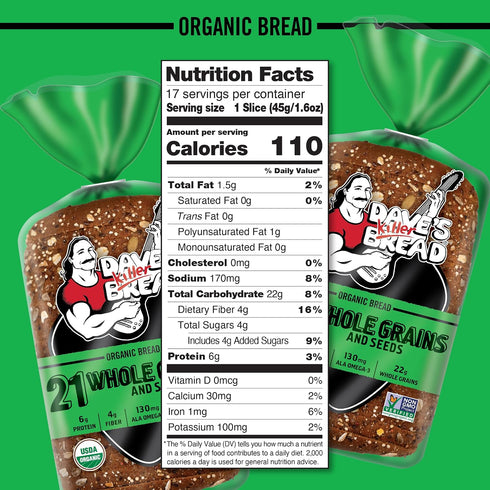 21 27 oz Dave's Killer Bread Whole Grains and Seeds, Whole Grain Organic Bread, Loaf