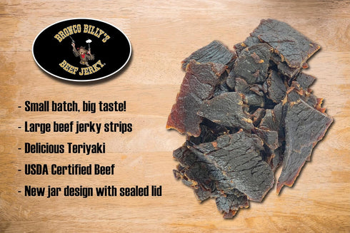 8oz Bronco Billy's Beef Jerky Teriyaki Half Pound Jar - - New Jar Design