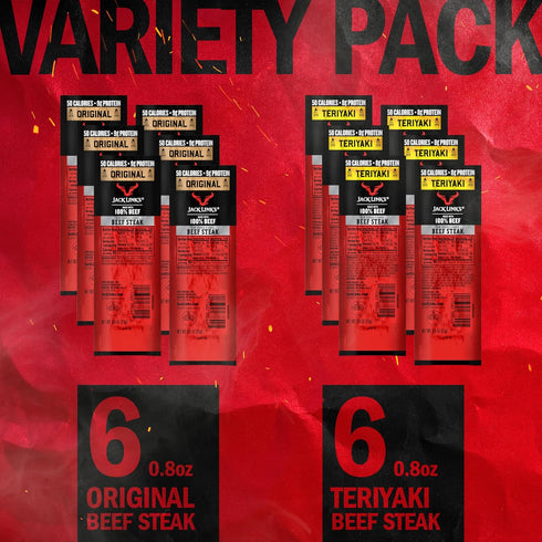 8-9g 100% (12 Pack) 0.8 oz Jack Link's Beef Steaks - Original & Teriyaki - Ready to Eat Real Meat Protein Snacks