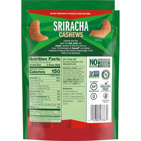 (2-Pack) 5 Oz Emerald Nuts Sriracha Seasoned Cashews | Resealable Bag | Kosher Certified, Non-GMO, Contains No