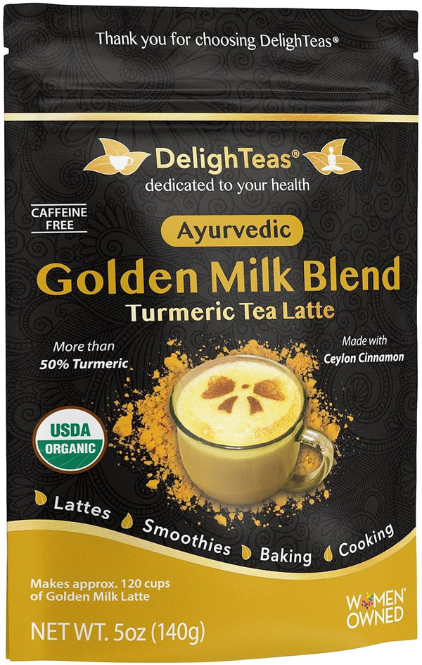 DelighTeas Organic Golden Milk Powder with Turmeric, Ginger, Ceylon Cinnamon | Ayurvedic