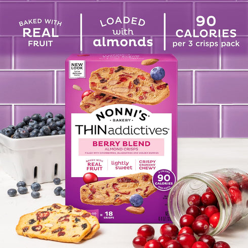 Nonni's THINaddictives Almond Thin Cookies - Berry Blend Almond Cookie Thins w/Cranberries Blueberries Goldenberries