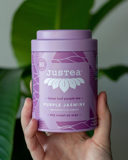 JusTea PURPLE JASMINE Loose Leaf Purple Tea, Tin with Hand Carved Tea Spoon, 40+ Cups, Low Caffeine