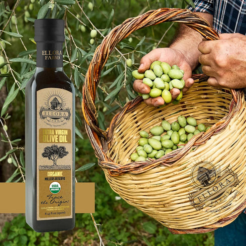 8.45 oz. Pack 2 Ellora Farms, Olive Oil Extra Virgin Organic, Traceable Greek, High phenols Cold press, Kosher, Glass