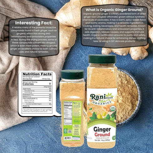 14oz (400g) Rani Organic Ginger (Adarak) Powder Ground, Spice PET Jar ~ All Natural | Vegan | Gluten Friendly | NON-GMO