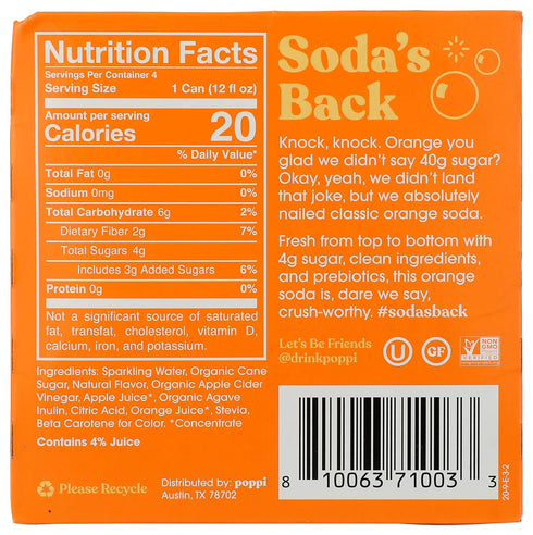 4 pack Poppi Orange Prebiotic Soda