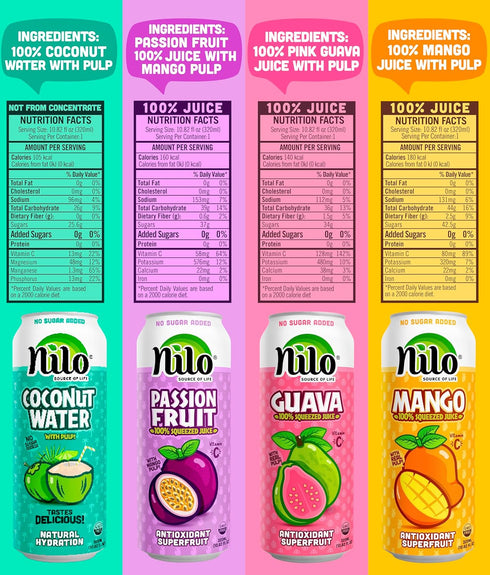 Pack 100% 10.82 oz (Pack 12) NILO Variety | Squeezed Juice Guava Mango Coconut Water Passion Fruit | NO Sugar added |