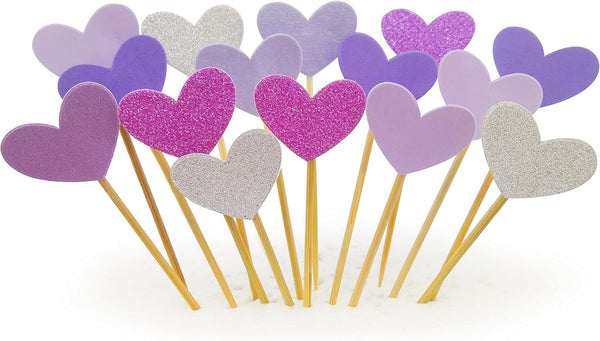 Cupcake Toppers 30Pcs Set, GUCUJI Funny Purple Heart DIY Glitter Mini Birthday Cake Decorations