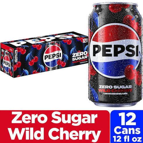 12 Oz (Pack 12) Pepsi Zero Sugar Cola Soda, Wild Cherry, Fl Cans