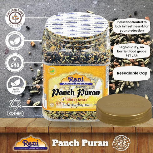 (5 16oz (1lb) 454g Rani Panch Puran Spice) PET Jar ~ All Natural | Vegan | Gluten Friendly | NON-GMO | Indian Origin