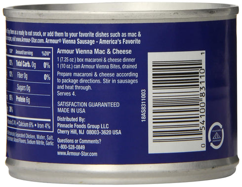 Armour 10 OZ (Pack 12) Star Chicken Vienna Sausage Bites, Canned Sausage