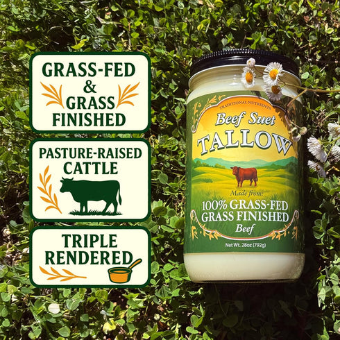 28oz Pasture Raised Beef Tallow, Grass-Fed & Grass-Finished, Made from Beef Suet for More Nutrients, Glass Jar