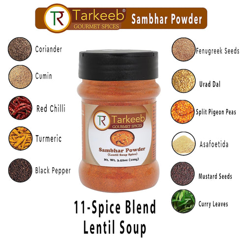 Tarkeeb Sambar Masala, South Indian 11-Spice Blend Lentil Soup Spice Blend, 3.52 oz (100g) Shaker Top PET Jar, All