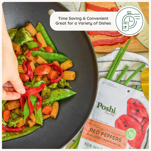 6 Pack, 5.4 oz POSHI Flame Roasted Red Peppers in Extra Virgin Olive Oil Natural, Keto, Vegan, Non GMO, Low Carb +