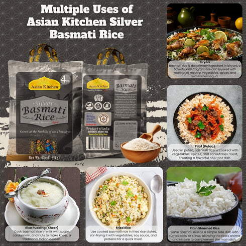 4lbs (1.81kg) Asian Kitchen Silver White Basmati Rice Extra Long Aged ~ All Natural | Gluten Friendly | Vegan | Indian