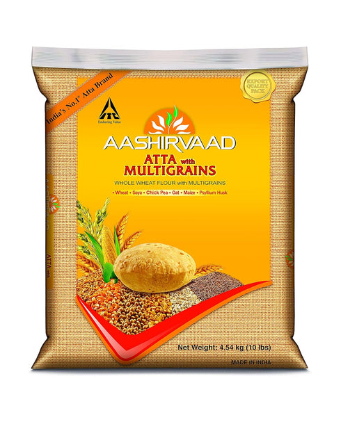Aashirvaad ITC Whole Wheat flour with MULTIGRAINS, 10lb., 4.54kg. EXPORT PACK
