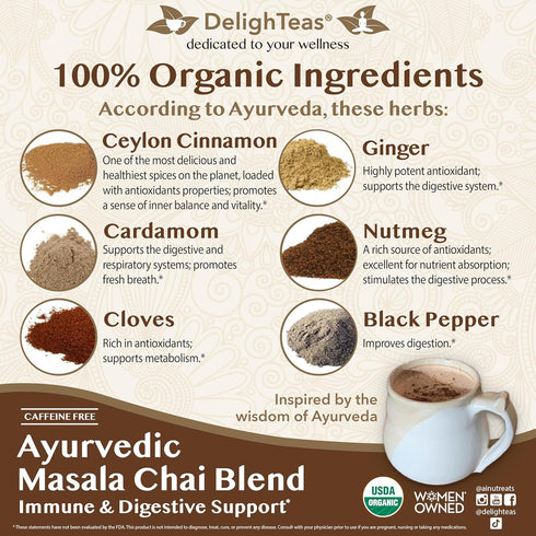 100 4oz DelighTeas Organic Masala Chai Powder | Caffeine free, Unsweetened, Vegan, Keto | Ayurvedic Digestive Support
