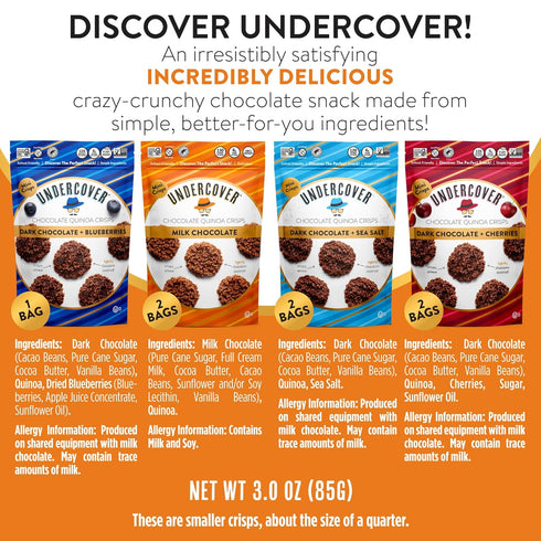 Pack 7-Pack, 3oz Undercover Snacks Chocolate Quinoa Crisps - Variety Sampler | Bags of Mini Crisps | Gluten Free