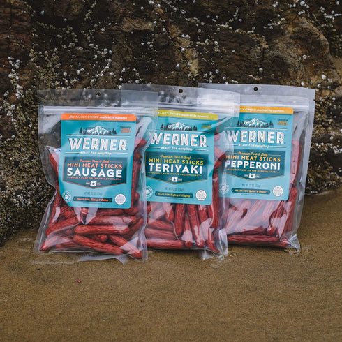 Pack 3 12 Werner Mini Sausage Sticks, Pepperoni Sticks, Teriyaki Meat Sticks Variety of Ounce Resealable Bag