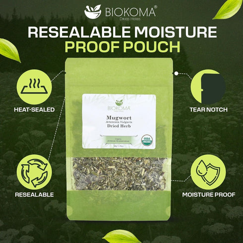 50g 1.76oz Biokoma Organic Mugwort Dried Herb Artemisia vulgaris USDA Organic Herbal Tea Premium Cut Aromatic Leaves