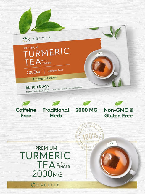60 Count Carlyle Turmeric Tea Bags with Ginger | | Caffeine Free | Non-GMO & Gluten Free Herbal Tea Supplement