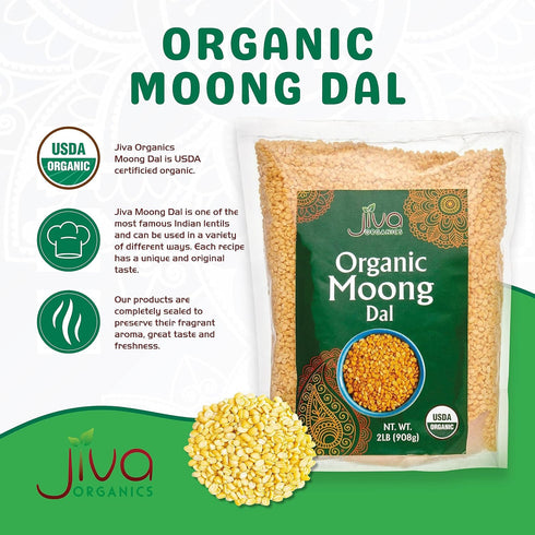 2 LB Jiva Organic Yellow Moong Dal - Non-GMO, Gluten Free - Great for Kitchari - Split Yellow Mung Beans