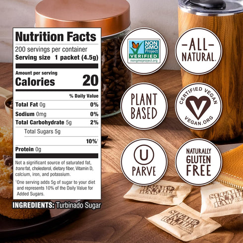 Sugar In The Raw Turbinado Cane Sugar Packets, 200 Count, Natural Sweetener for Drinks and Baking