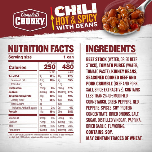 16.5 oz (Pack 12) Campbells Chunky Hot and Spicy Chili With Beans, Can