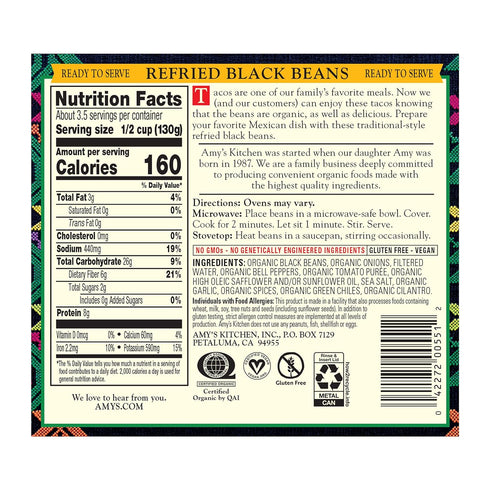 15.4 oz One Amy's Organic Refried Vegetarian Black Beans