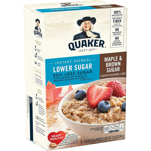 Quaker Instant Oatmeal Lower Sugar Maple & Brown Sugar, 10-Count 1.19oz Boxes