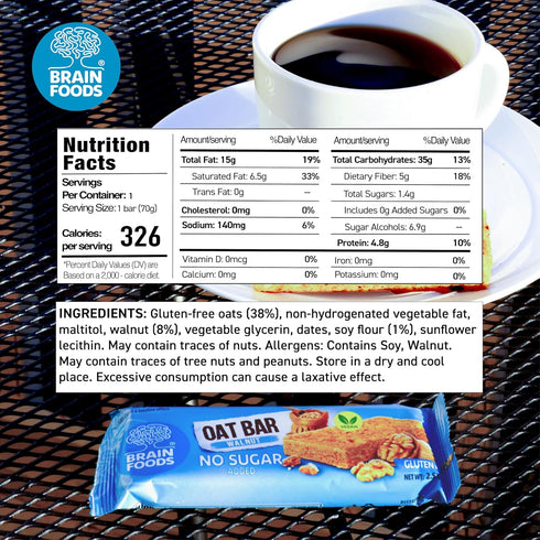 2.5oz, (12 BRAIN FOODS Oat Bars - Gluten Free, Vegan, No Sugar Added, No Palm Oil, Bars) (Walnut)