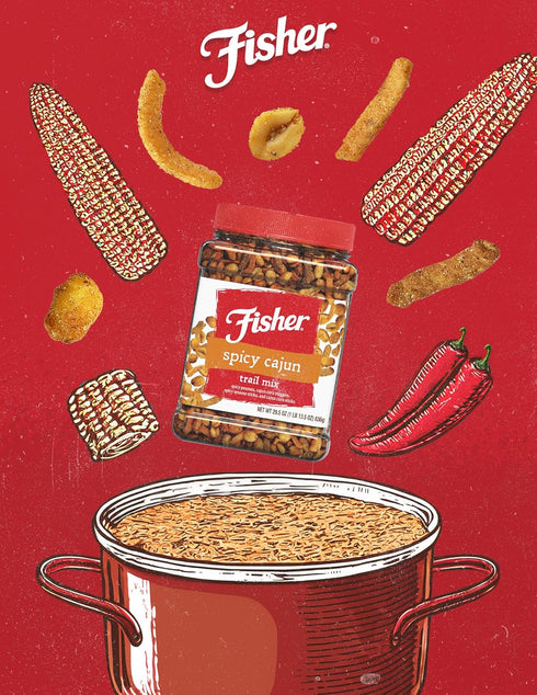 29.5 oz (Pack 4), Fisher Snack Spicy Cajun Trail Mix, of Resealable Jar, Bold & Crunchy Snack Mix with Peanuts, Corn