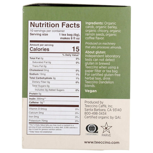 Teeccino French Roast Herbal Tea, 10 Tea Bags - Caffeine Free & Prebiotic Coffee Alternative