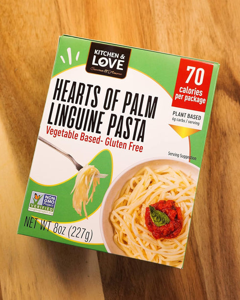 8 Oz (Pack 3) Kitchen & Love Hearts of Palm Linguine, Low Carb, Low Calories, Plant Based, Non GMO, Gluten Free Pasta