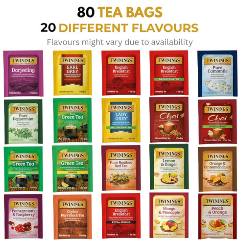 80 20 Set Twinings Tea Sampler Collection Tea Bags, Flavours/Assorted Tea, Gift in Decorative Bamboo Box Wooden