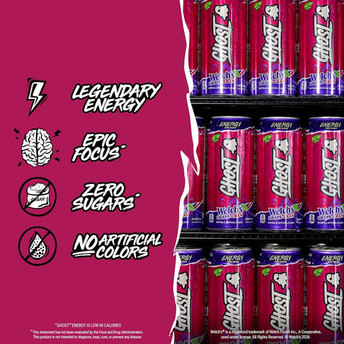 12-Pack, 16oz 200mg GHOST Energy Drink - Welch's Grape-Cran, Cans - Energy & Focus & No Artificial Colors - of Natural