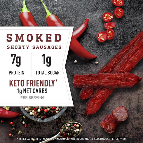 7g 2.5 oz. (Pack 7) Duke's Pork Hot & Spicy Smoked Shorty Sausages, Protein Per Serving, Snack Bags