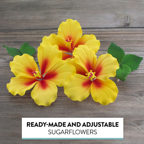 3 Count Global Sugar Art Hibiscus Sugar Cake Flowers, Yellow with Red, with Leaves by Chef Alan Tetreault